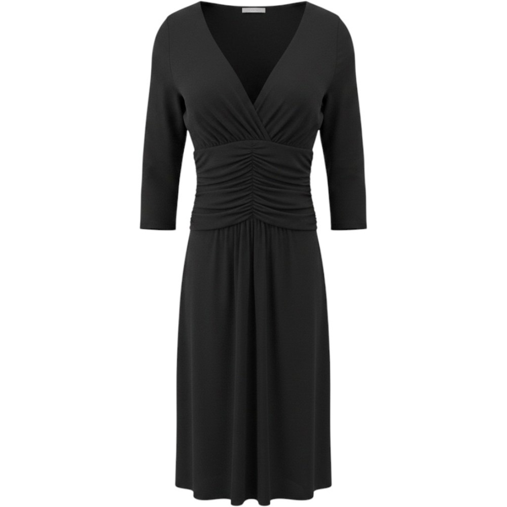 Classic Black Midi Dress Faux Wrap Ruched Waist 3/4 Sleeve Elegant Women's - Picture 2 of 5